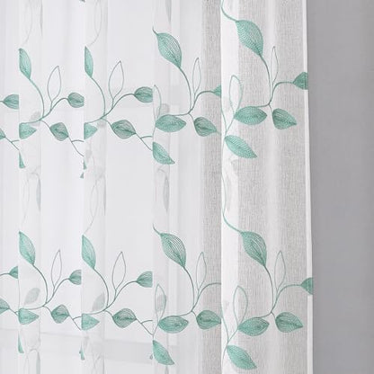 Tollpiz Teal Blue Leaf Sheer Tier Curtain Kitchen 30 x 36 Inches | Leaves Embroidered Curtains Rod Pocket Voile Bathroom Window Treatment for Cafe, Set of 2 Panels - color: Teal Blue, size: 30"W x 36"L (Pack of 2)
