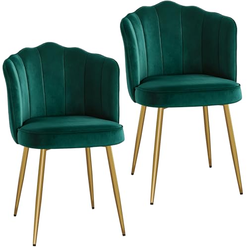 VECELO Velvet Dining Chairs Set of 2, Modern Upholstered Kitchen Chairs with Thick Cushions, Curved Padded Backrest and Metal Legs, for Kitchen, Dining Room, Living Room, Green - color: Green, size: Set of 2