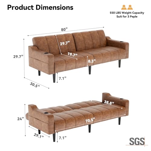 Brelice 80'' Futon Sofa Bed, Leather Couch, Faux Leather Couch with Adjustable Backrest, 2 Cup Holders & Side Pockets, Mid Century Modern Futon Sofa for Living Room, Bedroom, Light-Brown - color: Faux Leather Brown