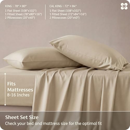 Bedsure PureWoven 100% Rayon Derived from Bamboo, King Size Sheets Set | Cooling Sheets for Hot Sleepers, Breathable & Silky Soft, 16" Deep Pocket, Hotel Luxury Bedding, Beige - color: 03 - Beige, size: King
