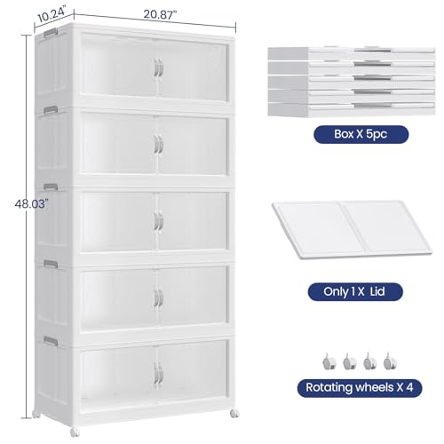 75Gal/300QT 5-Tiers Extra Large Stackable Storage Bins with Lid, Collapsible Cabinet Closet Organizer Plastic Container Box with Wheels Doors Drawers for Office Dorm Kitchen, White - color: White, size: 15Gal-5Pack