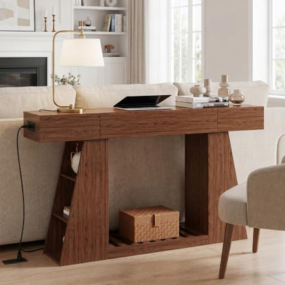 KEIKI 60" Narrow Console Table with Built-in Power Outlet, Farmhouse Sofa Table Behind Couch with Side Storage Compartment & Slatted Shelf, Entryway Foyer Hallway Accent Table, Rustic Walnut