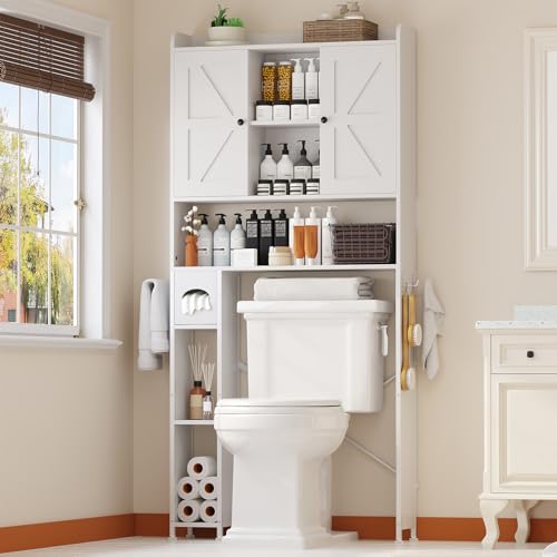 32" W Over The Toilet Storage Cabinet with Adjustable Shelves,White | Metal Frame, 9 Storage Shelves, Adjustable Shelves and Paper Holder, Farmhouse Storage Cabinet for Bathroom, Laundry - color: White