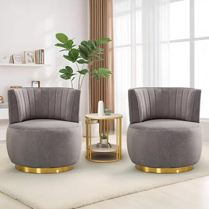 SLEERWAY 360° Swivel Barrel Chair, Modern Velvet Round Accent Chair, Comfy Upholstered Small Armchair with Gold Metal Base for Living Room Bedroom Nursery Office Sillas para Sala, Gray - color: Grey