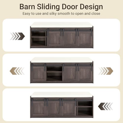 Haotian Entryway Shoe Storage Bench | Shoe Rack Bench with Sliding Barn Doors, Drawer & Padded Seat Cushion, Rustic Window Bench for Mudroom