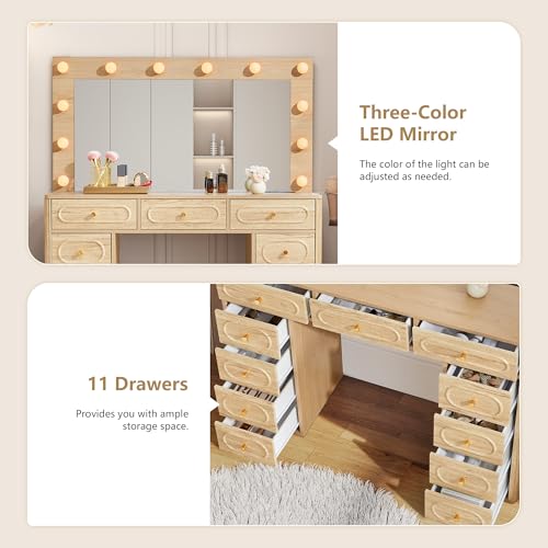 Fluted Vanity Desk with Mirror and Lights, Power Outlets, Modern Wood Vanity Desk Makeup Table with 11 Drawers, 3 Color Modes Dressing Table with Storage for Bedroom, Living Room, Natural - style: Natural