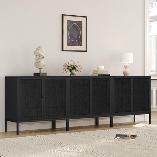 94.5" W Black Rattan Cabient, Boho Sideboard Cabinet with Natural Rattan Decorated Doors, Accent Cane Credenza Buffet Console Storage, for Living Room Entryway Kitchen, Metal Legs - color: Full Black, size: Square-3 pcs