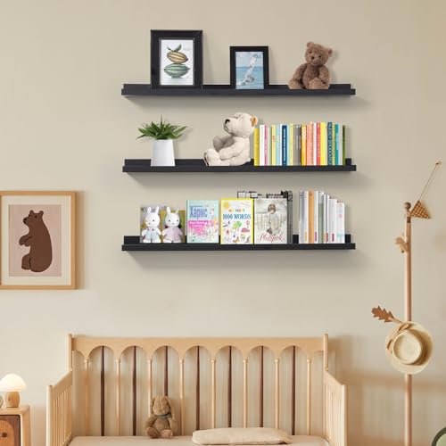 MBYD 48 Inch Long Dark Black Floating Photo Shelves with Lip, Picture Ledge Shelf Set of 3 Same Sizes, Wall Mounted Wooden Shelf for Bedroom Bathroom Kitchen Bathroom Living Room - color: Black, size: Set of 3 48 in
