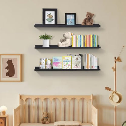 MBYD 48 Inch Long Dark Black Floating Photo Shelves with Lip, Picture Ledge Shelf Set of 3 Same Sizes, Wall Mounted Wooden Shelf for Bedroom Bathroom Kitchen Bathroom Living Room - color: Black, size: Set of 3 48 in