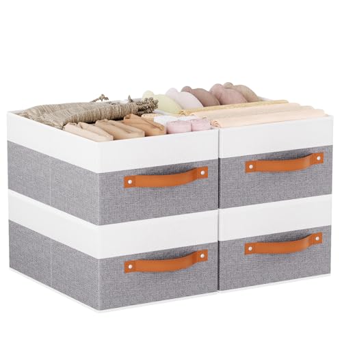Storage Bins Organizers,13×9.1×5.5In,White/Grey Boxes,4Pack | Clothing Storage Baskets,Fabric Closet Organizer,Foldable Containers with PP Plastic Board,Large Cubes for Clothes,Hat,Books - color: White/Grey, size: Medium -4 Pack