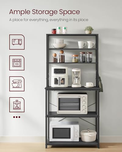 VASAGLE Coffee Bar, 31.5 Inches 6-Tier Baker's Rack with 6 Hooks | Modern Basic Microwave Stand, 31.5 x 15.8 x 65.8 Inches, Charcoal Gray and Ink Black, BARNET Collection UKKS019B22 - color: Charcoal Gray + Ink Black, size: 31.5"W, style: No Power Outlet