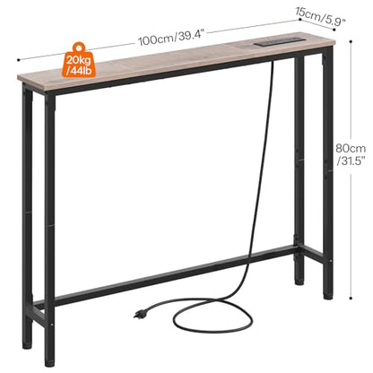 HOOBRO 39.4 Inch Narrow Console Table with Power Outlets, 5.9 Inch Sofa Table with Storage, Skinny Behind Couch Table, for Entryway Hallway, Small Spaces, Greige and Black BG52UXG01G1 - color: Greige + Black
