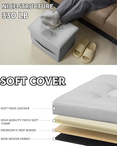 Ottoman with Storage,17 Inch Leather Folding Foot Rest Stool,Grey | Small Ottoman with Side Pockets, Thicker Foam Padded Seat, 17 * 13 * 13 Inch, Livingroom, Dorm, Bedroom, Entryway - color: Grey