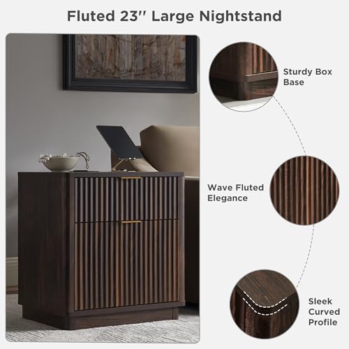 T4TREAM 23'' Fluted Nightstand with Charging Station, Modern, Dark Walnut | Large 2 Drawer, Curved Profile, Mid-Century, Bedside Table with Storage, End Table for Living Room, Bedroom, Side Table - color: Dark Walnut