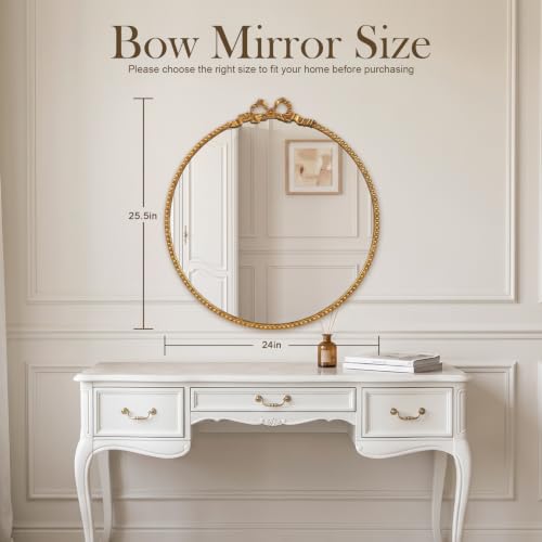 Vintage Round Gold Bow Mirror 24 Inch Beaded Mirror | Beaded Frame,HD Tempered Glass,for Entryway/Bedroom/Hallway/Mantle/Home Decor/Nursery,Wall Mount Screws Included - color: Gold, size: 24"L x 24"W