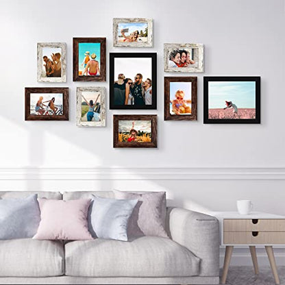 LUCKYLIFE Picture Frame Set 10-Pack, Gallery Wall Frame Collage with 8x10 5x7 4x6 Frames in 3 Different Finishes - color: Black&Brown&Distressed white