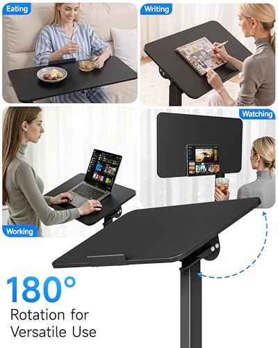 BIZUM Mobile Standing Desk Laptop Desk Pneumatic with Wheels 180° Tilt Top Hospital Bed Table Portable Rolling Cart Foldable Bedside Table for Hospital&Home Use, Black - color: Black