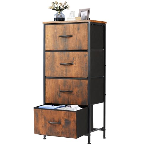 DUMOS Nightstand, Bedside Table with 4 Fabric Drawers | Night Stand with Removable Bins, Sturdy Steel Frame Wood Top, Organizer Furniture for Bedroom Closet, Living Room, Brown - color: Brown, size: 11.8"D x 17.7"W x 37.4"H (4 Drawers)