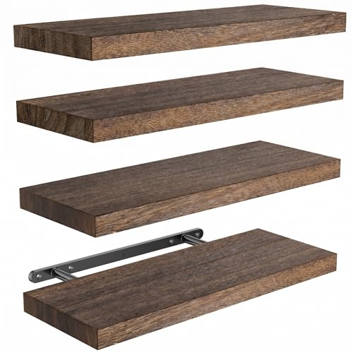 Amada Paulownia Wood Floating Shelves for Wall, Set of 4, Brown | Wall Shelves with Solid Metal Concealed Brackets, 22 lbs Capacity per Shelf, Includes Drilling Template, Flexible 4-Piece Set - color: Brown, size: 4