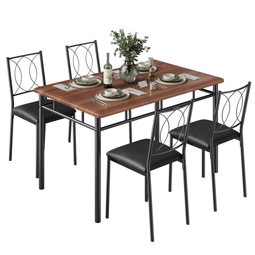 IDEALHOUSE Space-Saving 5-Piece Dining Table Set for 4 – Farmhouse Wooden | Table with Upholstered Chairs – Compact Dining Furniture for Small Spaces, Easy to Clean – Walnut Color - color: Walnut, size: 5-Piece