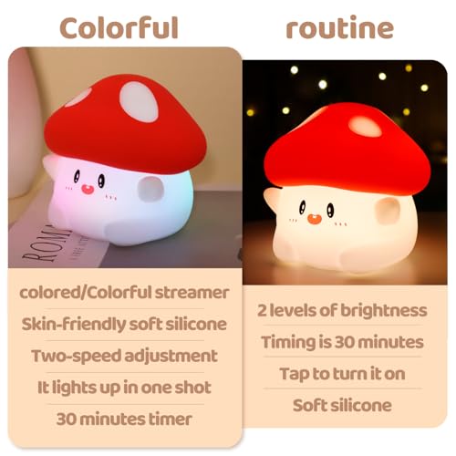 Rytinazzz Silicone Night Light for Kids, 50H Long Battery Mushroom Lamp, RGB Color Changing Mood Light, Gift for Kids, Rechargeable Tap Control, Dimmable Bedside Light - color: Colorful Mushroom