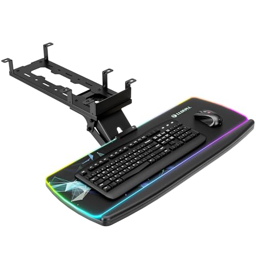 Keyboard Tray Under Desk with Storage Drawer, Height Adjustable Keyboard Tray Slide Out 360° Swivel Tilt, Ergonomic Under Desk Mount Keyboard & Mouse pad Lighting, Black - size: 25” Length with Lighting