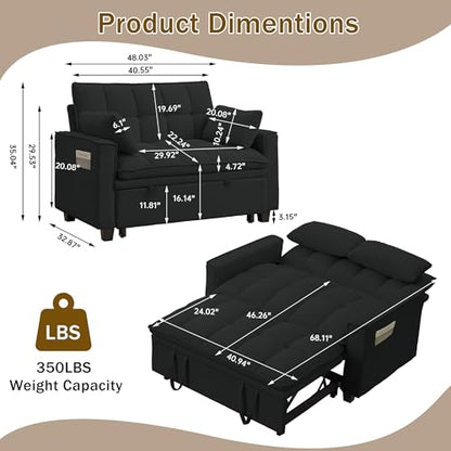 Convertible Sofa Bed, Loveseat Sleeper Sofa with Pull Out Bed and Adjustable Backrest, 3-in-1 Futon Couch for Living Room, Bedroom, Apartment, Black - color: Black, size: Pull Out Sofa Bed