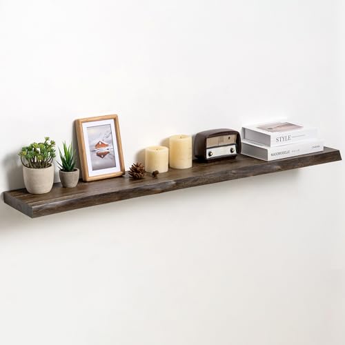 Fun Memories Floating Shelves for Wall, Solid Elm Wood Live Edge Floating Shelf, 48 x 8 Inch Rustic Wall Shelf with Invisible Brackets for Living Room Bedroom Kitchen, Walnut - color: Walnut Finish, size: 48", Single