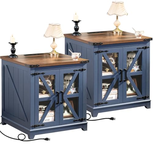 Joaxswe Farmhouse End Table Set 2 for Living Room, Charger Station | USB Ports, Glass Barn Door, Solid Wood Legs, 24" Large Sofa Side Table, Adjustable Shelf, Blue Square Table for Bedroom - color: Blue, size: Set 2