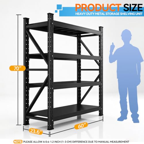60" W Heavy Duty Garage Shelving, 5000LBS Industrial 4-Tier Rack | 69"H x 70"W x 23.6"D adjustable metal shelving for garage,warehouse,basement storage - size: 70”H*60”W*23.6”D