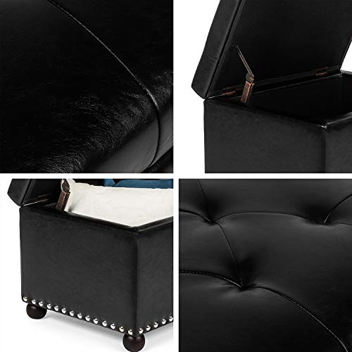 Leather Storage Ottoman, 24" Rectangle Tufted Foot Rest Stool, for Living Room Bedroom, Midnight Black - color: Midnight Black