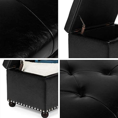 Leather Storage Ottoman, 24" Rectangle Tufted Foot Rest Stool, for Living Room Bedroom, Midnight Black - color: Midnight Black