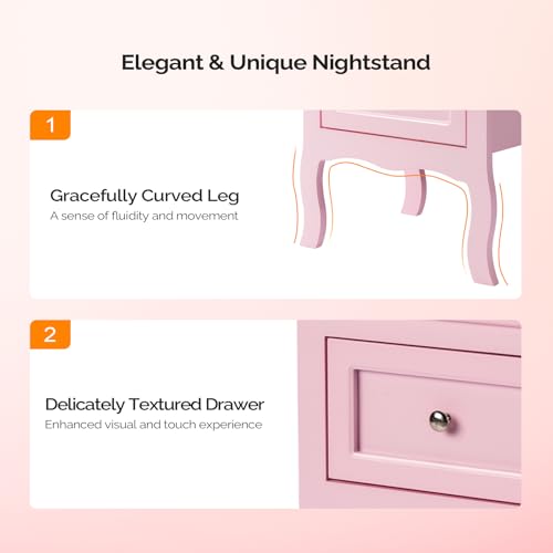 Bonnlo Nightstand Set of 2, Nightstands with 2 Drawers, Bed Side Table/Night Stand, Pink Nightstand, Small Nightstand for Bedroom, College Dorm, Kids’ Room, Living Room, Wood, 16W x 12D x 24H - color: Pink