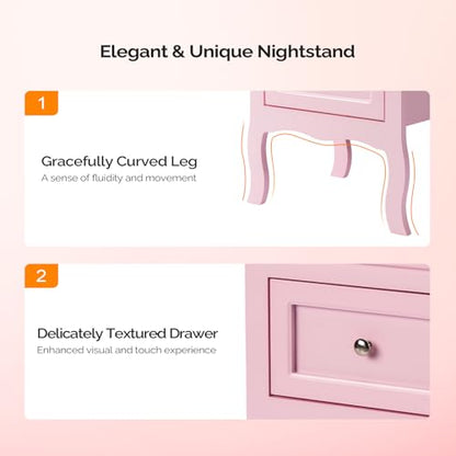 Bonnlo Nightstand Set of 2, Nightstands with 2 Drawers, Bed Side Table/Night Stand, Pink Nightstand, Small Nightstand for Bedroom, College Dorm, Kids’ Room, Living Room, Wood, 16W x 12D x 24H - color: Pink