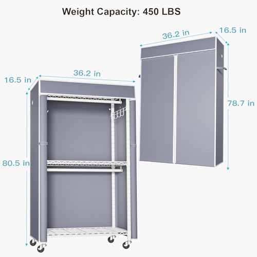 White Clothing Rack with Grey Cover, P1C Rolling Closets | Metal Garment Rack for Hanging Clothes, Clothing Storage Wardrobe, with Wheels - color: White Rack With Grey Cover