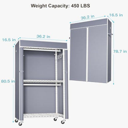 White Clothing Rack with Grey Cover, P1C Rolling Closets | Metal Garment Rack for Hanging Clothes, Clothing Storage Wardrobe, with Wheels - color: White Rack With Grey Cover