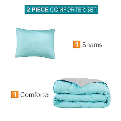 Comfort Spaces Vixie Reversible Comforter Set - Trendy Casual Geometric Quilted Cover, All Season Down Alternative Cozy Bedding, Matching Sham, Aqua/Gray, Twin/Twin XL 2 piece | Down Alternative, All Season, Bedding for Bedroom, Geometric Pattern, Reversi