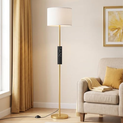 Dimmable Floor Lamp for Living Room with Remote, 9W 900LM LED Bulb Included, White Shade Gold Pole - color: gold & white