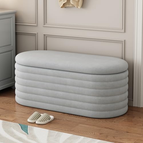 Storage Ottoman Bench 40 inch Upholstered Chenille Fabric Storage Bench for Bedroom End of Bed Stool Aesthetic Large Storag Ottoman for Living Room Entryway,Light Grey | Chenille Fabric Storage Ottoman, End of Bed Stool,Large Bench Hidden Storage,No Assem