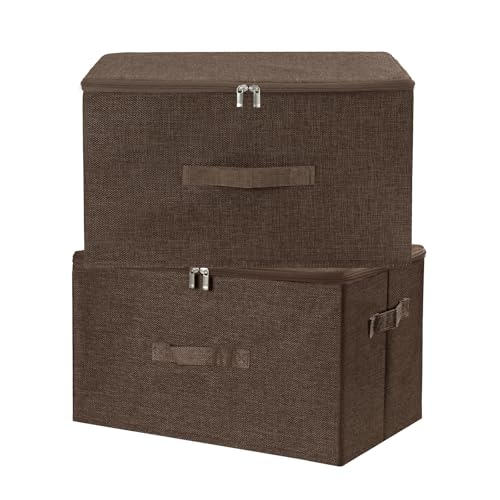 ANMINY Fabric Storage Bins with Zipper Lids, 18"x14"x10", Coffee, 2 PCS | 43.6Qt Cotton Linen Storage Box, PP Board Frame, Washable Collapsible, with Handles & 3-side Open Lid, Stackable, Large - color: Coffee, size: Large (Pack of 2)