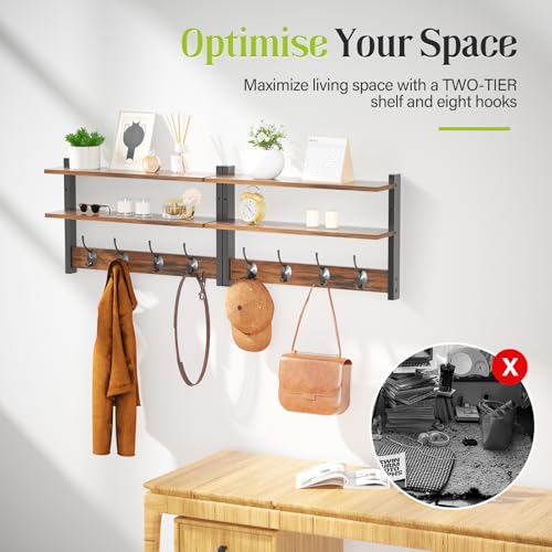 2 Tier Coat Rack Wall Mount with Shelf, 33" Wall Shelf with Hooks, Entryway Key Holder for Wall with 8 Heavy Duty Double Hooks, Coat Hook Wall Mounted for Bedroom, Living Room, Rustic Brown - color: Brown-2 Pack
