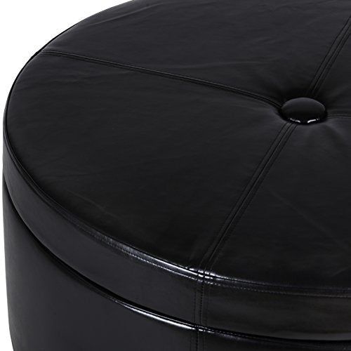 HomePop 32" Large Tufted Round Storage Ottoman - Black Faux Leather - color: Black Faux Leather