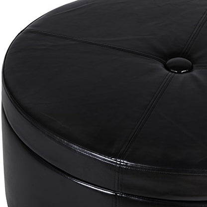 HomePop 32" Large Tufted Round Storage Ottoman - Black Faux Leather - color: Black Faux Leather
