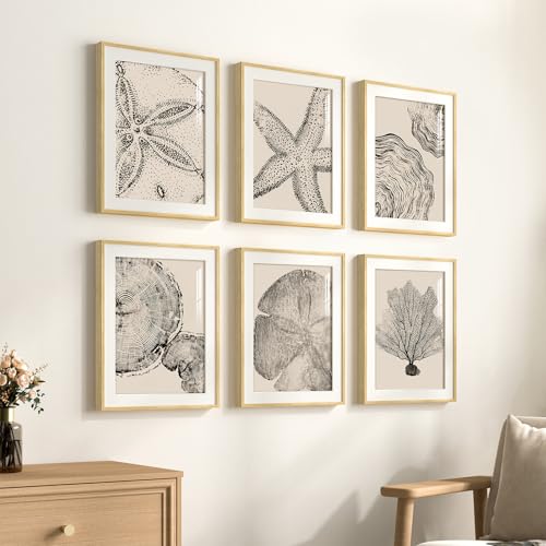 Framed Coastal Wall Art for Living Room, 6 Piece Neutral Black Beige Modern Abstract Prints Artwork, Ocean Coral and Beach Tree Ring Pictures for Bedroom Dining Room Bathroom Wall Decor 11x14 In - color: Coastal & Tree Ring