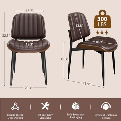 Dining Chairs Set of 2, Mid-Century Modern Upholstered PU Leather Chairs | with Walnut Bentwood Back and Metal Legs Adjustable Feet for Kitchen Dining Living Room, Dark Brown Vertical Stripes - color: Dark Brown Vertical Stripes