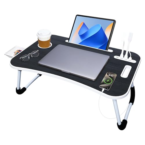 23.6 in Laptop Lap Desk, Foldable Laptop Table Tray with 4 USB Ports, 1 USB Charging Cable, Storage Drawer, Cup Holder, Bed Desk Stand Lap Tray Portable Standing Table for Bed Couch Floor - color: Black