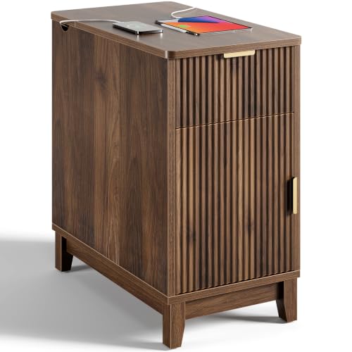 Yoobure End Table with Charging Station - Narrow Side Table for Living Room, Fluted Night Stand with Drawer and Storage Cabinet, Wood Nightstand with Adjustable Shelf for Bedroom Small Spaces, Walnut - color: Walnut
