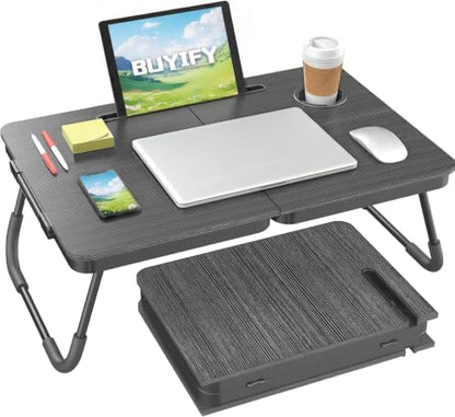 BUYIFY 23.4" Foldable Lap Desk Bed Table with Cup Holder Tray Charcoal | Portable Folds Flat for Easy Storage, No Assembly Laptop Bed Desk, Sturdy and Lightweight, Patent Design - color: Charcoal