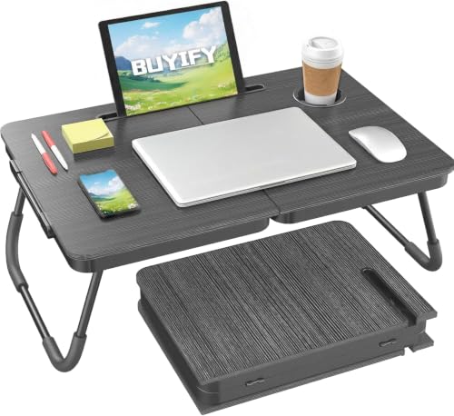 BUYIFY 23.4" Foldable Lap Desk Bed Table with Cup Holder Tray Charcoal | Portable Folds Flat for Easy Storage, No Assembly Laptop Bed Desk, Sturdy and Lightweight, Patent Design - color: Charcoal