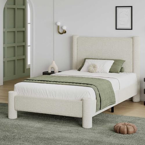 REVOMINCA Twin Boucle Bed Frame with Headboard & Footboard, Cream | Upholstered platform frame has soft rounded corners, needs no box spring, and offers easy assembly. - color: Cream, size: Twin